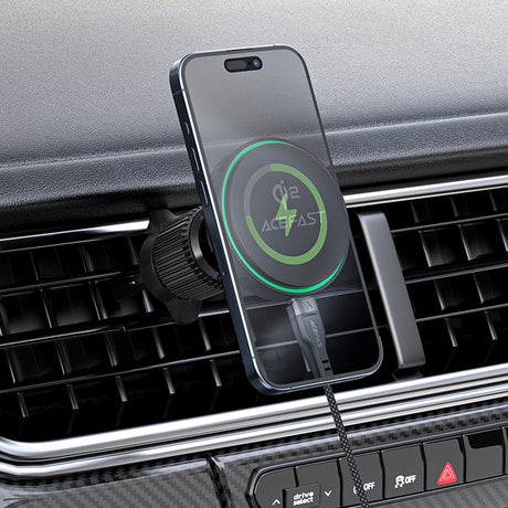 Suport Acefast with Wireless Charging (D33), for iPhone, Magnetic Grip, for Air Vent, Qi2, LED Light, 15W, Negru
