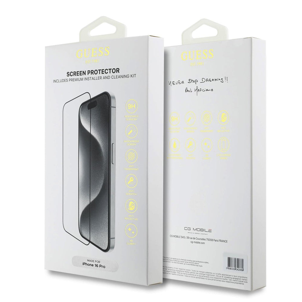 Folie de protectie Guess Classic 2.5D Outline (GUTGP16LBOKGCIT) compatibil cu iPhone 16 Pro, Negru