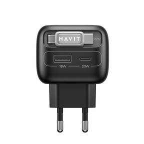 Incarcator Havit (UC251 EU), Type-C Retractable Cable, Type-C, USB, GaN, 35W, Negru / Gray