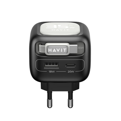 Incarcator Havit (UC251 EU), Type-C Retractable Cable, Type-C, USB, GaN, 35W, Negru / Gray