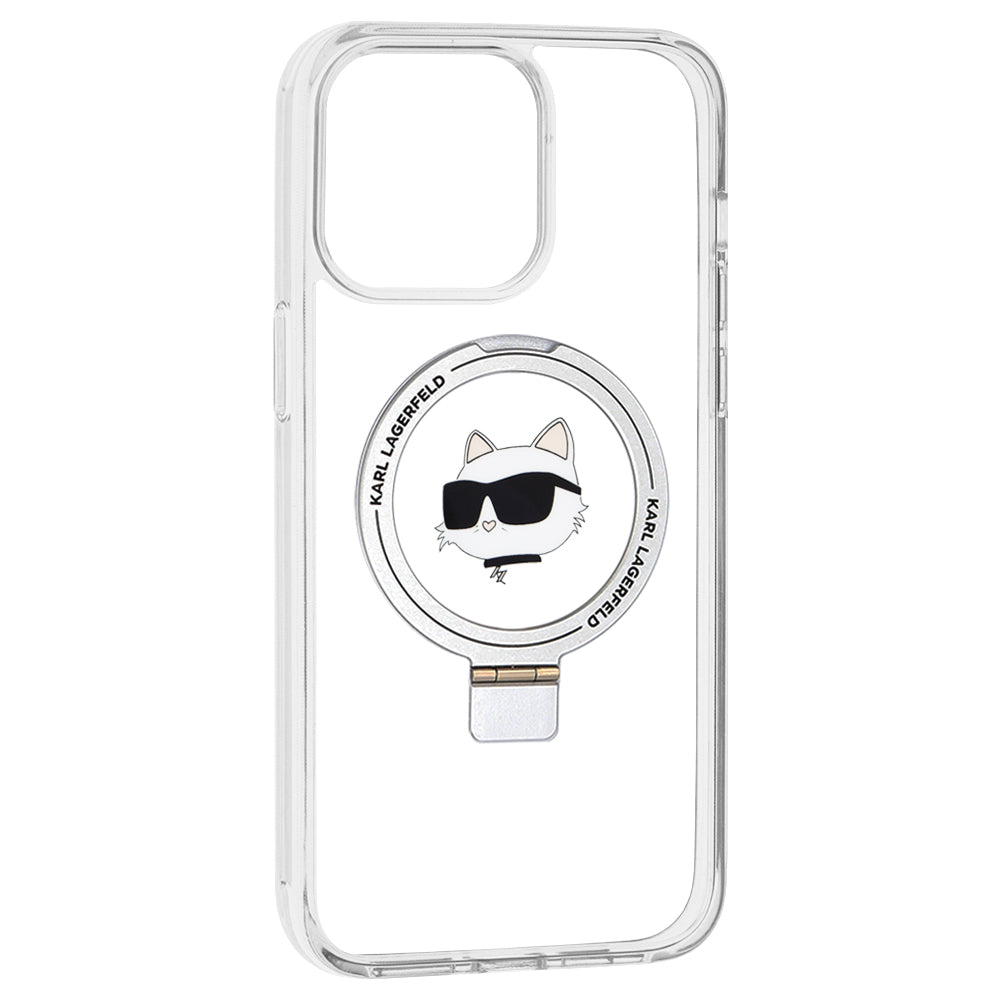 Husa de protectie Karl Lagerfeld Hardcase Ring Stand MagSafe (KLHMP15XHMRSCHH) compatibil cu iPhone 15 Pro Max, Alb Choupette Head