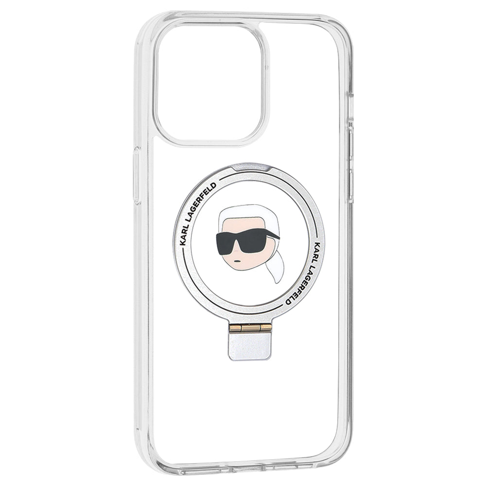 Husa de protectie Karl Lagerfeld Hardcase Ring Stand MagSafe (KLHMP15XHMRSKHH) compatibil cu iPhone 15 Pro Max, Alb Karl Head