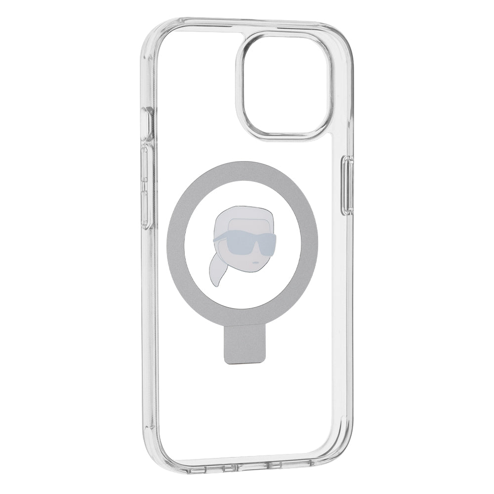 Husa de protectie Karl Lagerfeld Hardcase Ring Stand MagSafe (KLHMP15SHMRSKHH) compatibil cu iPhone 15, Alb Karl Head