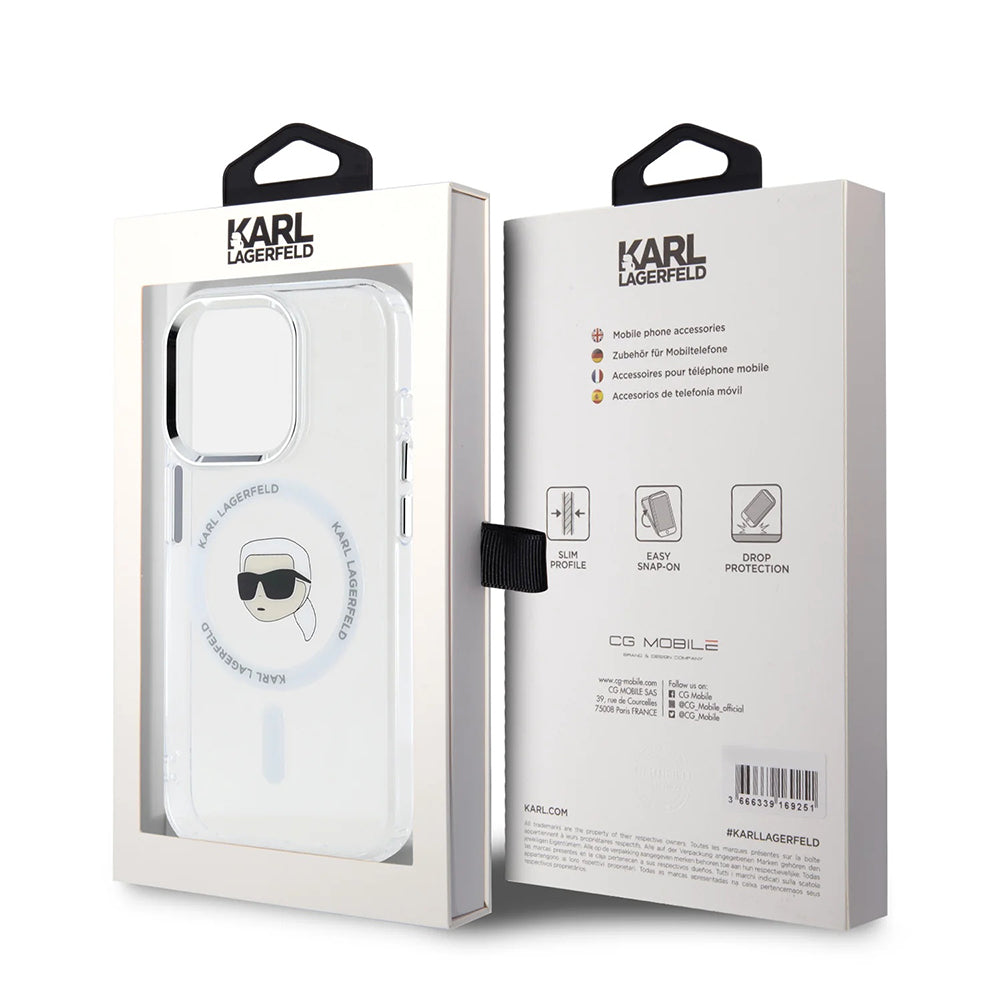 Husa de protectie Karl Lagerfeld IML MagSafe (KLHMP16LHLSKIH) compatibil cu iPhone 16 Pro, Alb Metal Karl`S Head