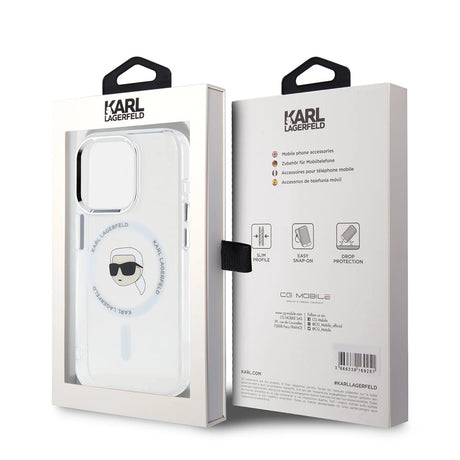 Husa de protectie Karl Lagerfeld IML MagSafe (KLHMP16LHLSKIH) compatibil cu iPhone 16 Pro, Alb Metal Karl`S Head