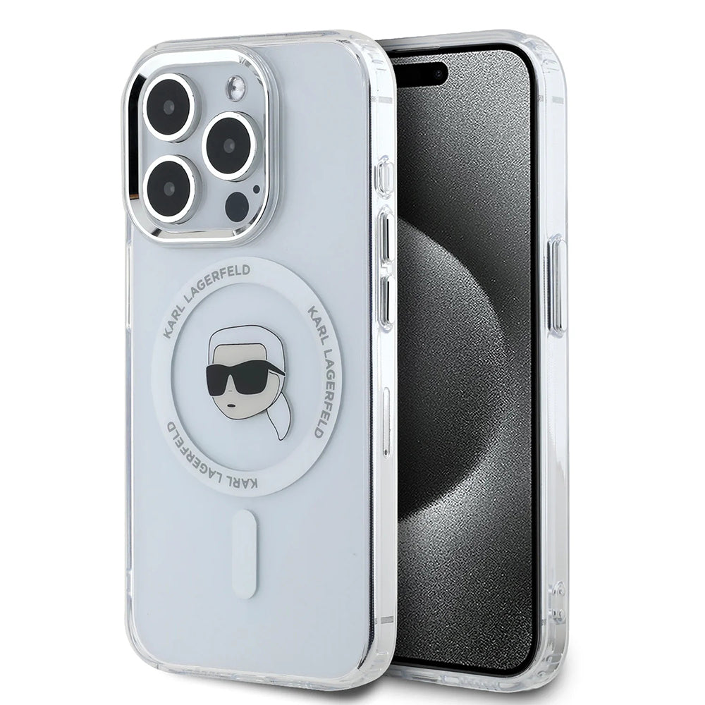 Husa de protectie Karl Lagerfeld IML MagSafe (KLHMP16LHLSKIH) compatibil cu iPhone 16 Pro, Alb Metal Karl`S Head