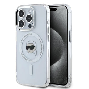 Husa de protectie Karl Lagerfeld IML MagSafe (KLHMP16LHLSKIH) compatibil cu iPhone 16 Pro, Alb Metal Karl`S Head