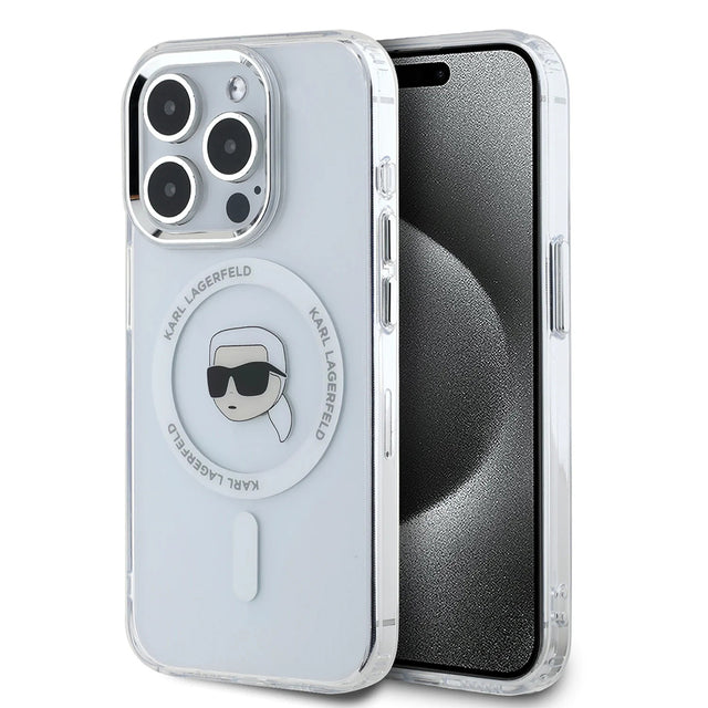 Husa de protectie Karl Lagerfeld IML MagSafe (KLHMP16LHLSKIH) compatibil cu iPhone 16 Pro, Alb Metal Karl`S Head