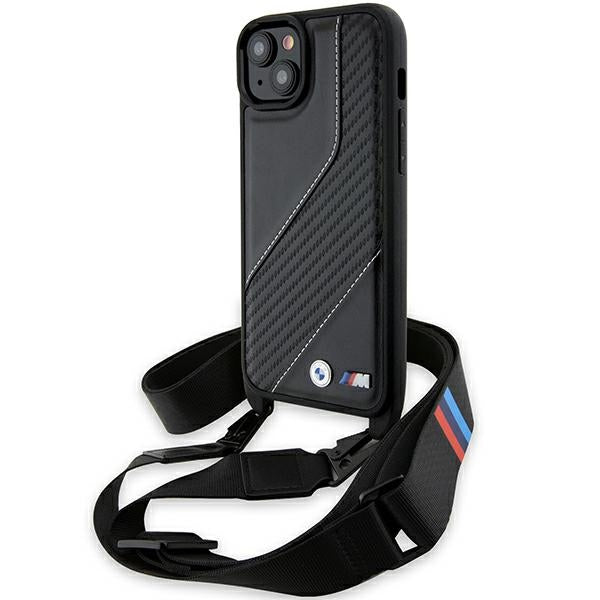 Husa de protectie BMW Leather M Edition Carbon Stripe & Strap compatibil cu iPhone 15 Plus (BMHCP15M23PSCCK), Negru