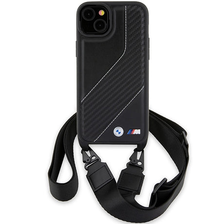 Husa de protectie BMW Leather M Edition Carbon Stripe & Strap compatibil cu iPhone 15 Plus (BMHCP15M23PSCCK), Negru
