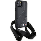 Husa de protectie BMW Leather M Edition Carbon Stripe & Strap compatibil cu iPhone 15 Plus (BMHCP15M23PSCCK), Negru