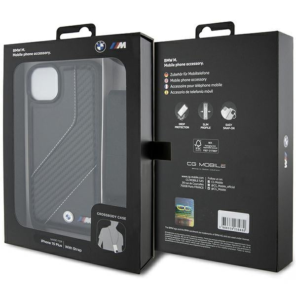 Husa de protectie BMW Leather M Edition Carbon Stripe & Strap compatibil cu iPhone 15 Plus (BMHCP15M23PSCCK), Negru