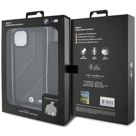 Husa de protectie BMW Leather M Edition Carbon Stripe & Strap compatibil cu iPhone 15 Plus (BMHCP15M23PSCCK), Negru
