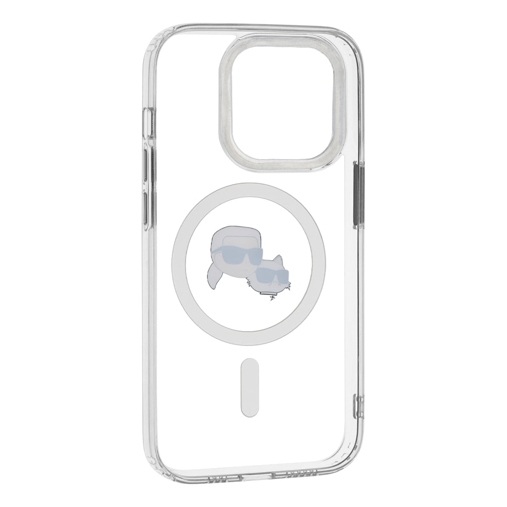 Husa de protectie Karl Lagerfeld IML MagSafe (KLHMP14LHLSKCH) compatibil cu iPhone 14 Pro, Alb Metal Karl&Choupette Head