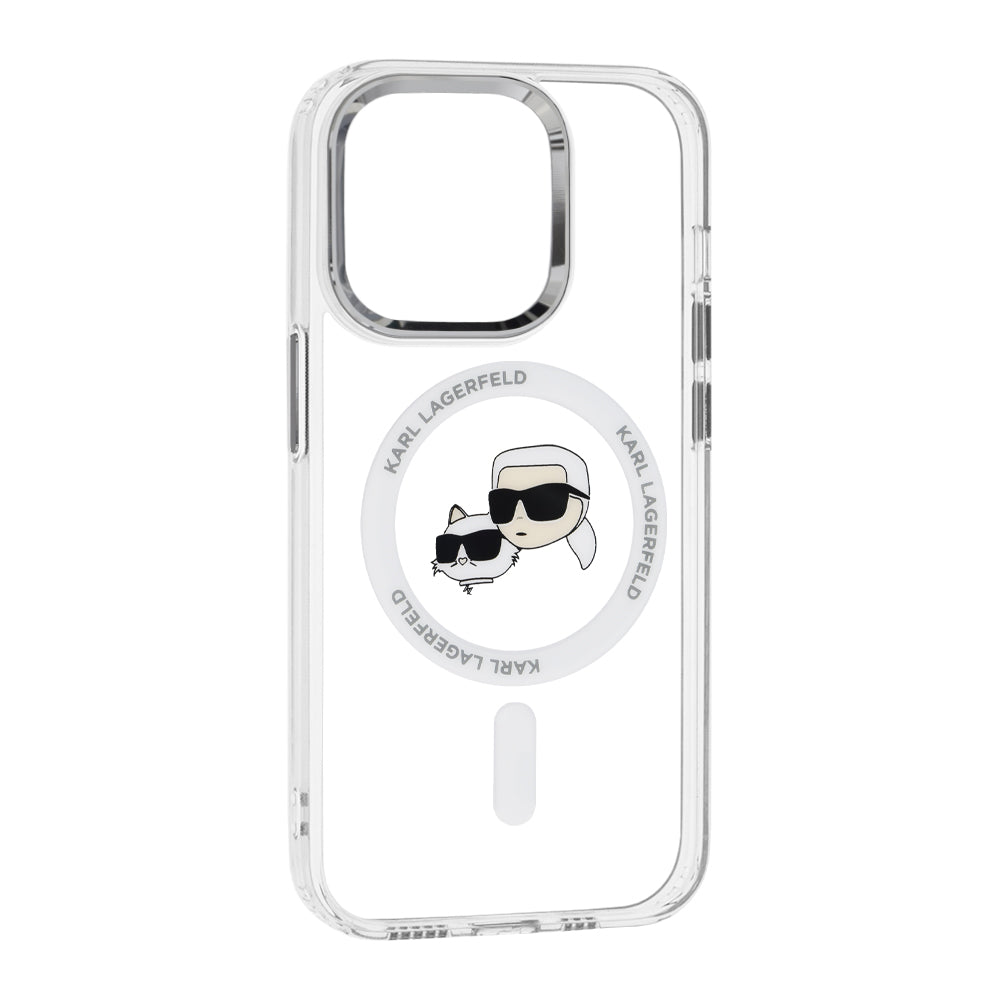 Husa de protectie Karl Lagerfeld IML MagSafe (KLHMP14LHLSKCH) compatibil cu iPhone 14 Pro, Alb Metal Karl&Choupette Head