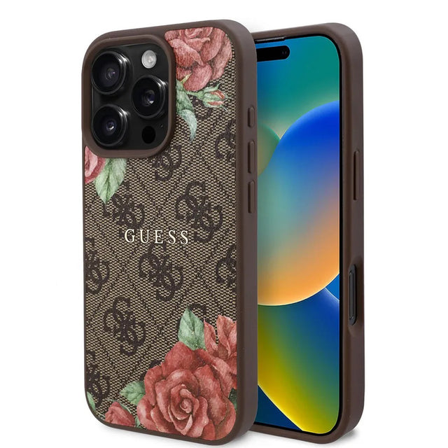 Guess Hardcase 4G Flower Print MagSafe barna tok iPhone 16 Pro Max készülékhez