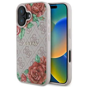 Husa de protectie Guess Hardcase 4G Flower Print MagSafe (GUHMP16SP4ROPEMCP) compatibil cu iPhone 16, Roz
