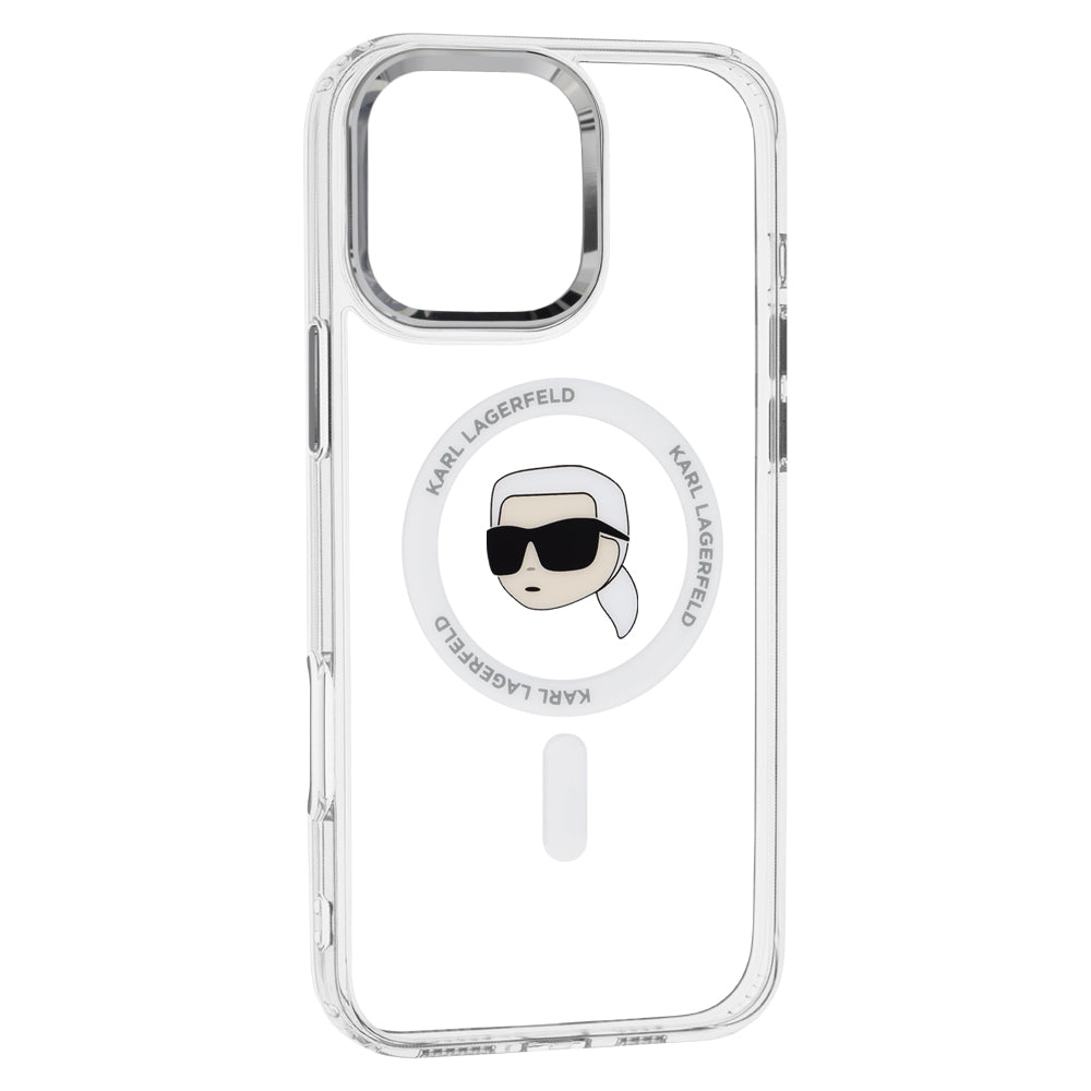 Husa de protectie Karl Lagerfeld IML MagSafe (KLHMP16LHLSKIH) compatibil cu iPhone 16 Pro, Alb Metal Karl`S Head