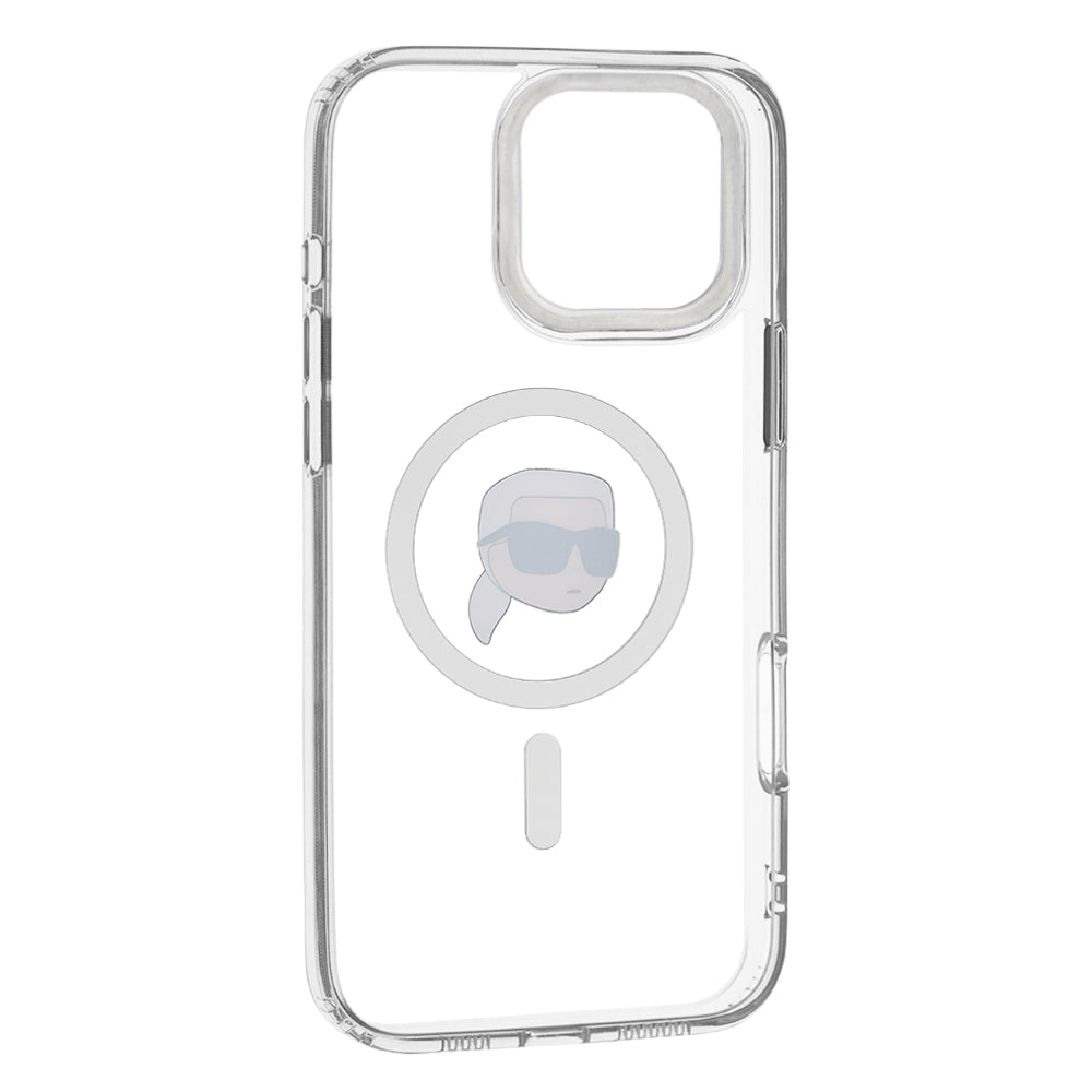 Husa de protectie Karl Lagerfeld IML MagSafe (KLHMP16LHLSKIH) compatibil cu iPhone 16 Pro, Alb Metal Karl`S Head