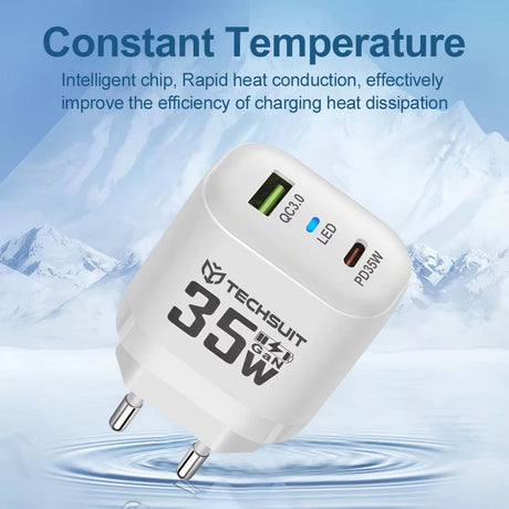 Incarcator Techsuit Premium (CHPD174), GaN, USB QC3.0, Type-C PD35W, Alb