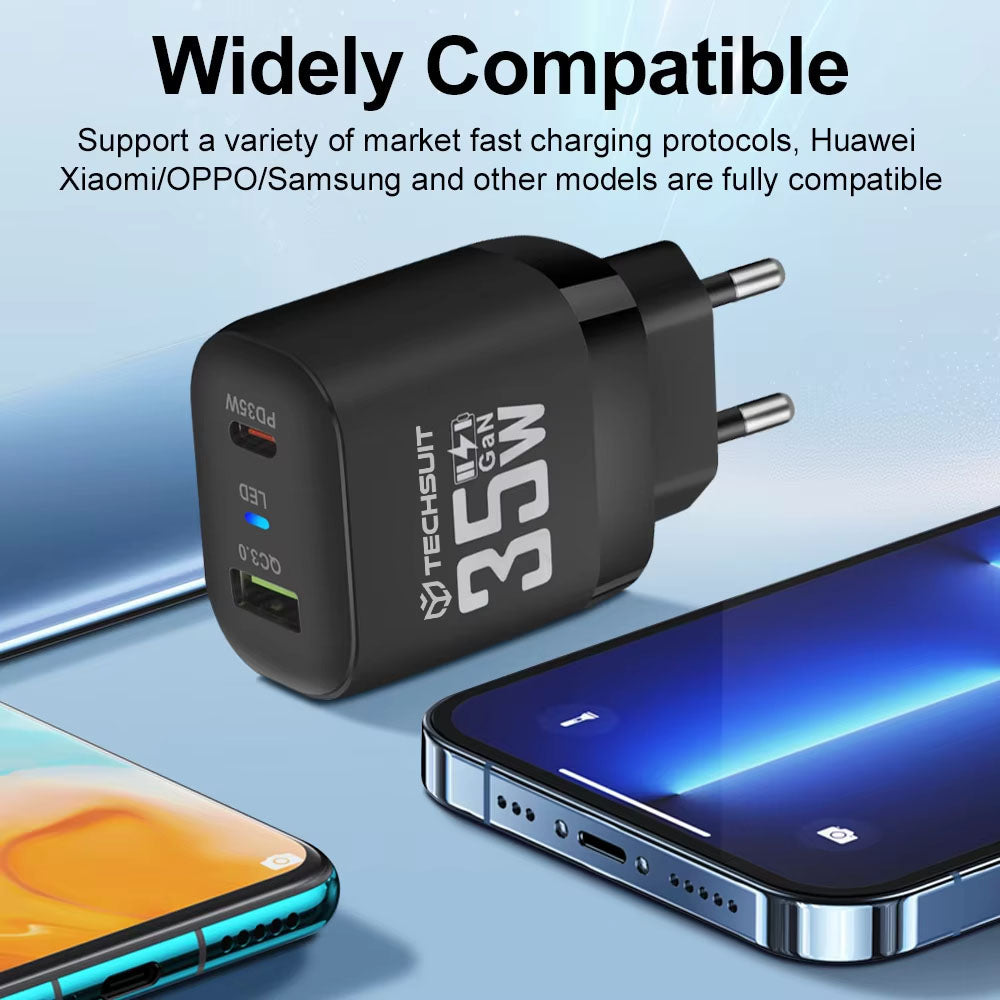Incarcator Techsuit Premium (CHPD174), GaN, USB QC3.0, Type-C PD35W, Alb