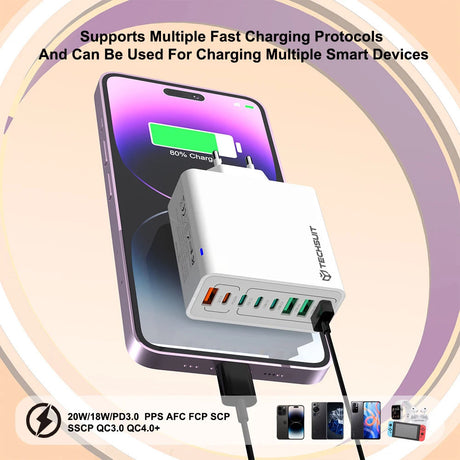 Incarcator Techsuit (CHPD224), 4 x USB, 4 X Type-C, Fast Charging, 65W, Negru