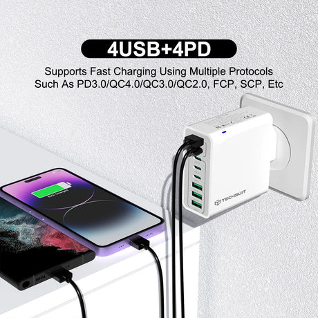 Incarcator Techsuit (CHPD224), 4 x USB, 4 X Type-C, Fast Charging, 65W, Alb