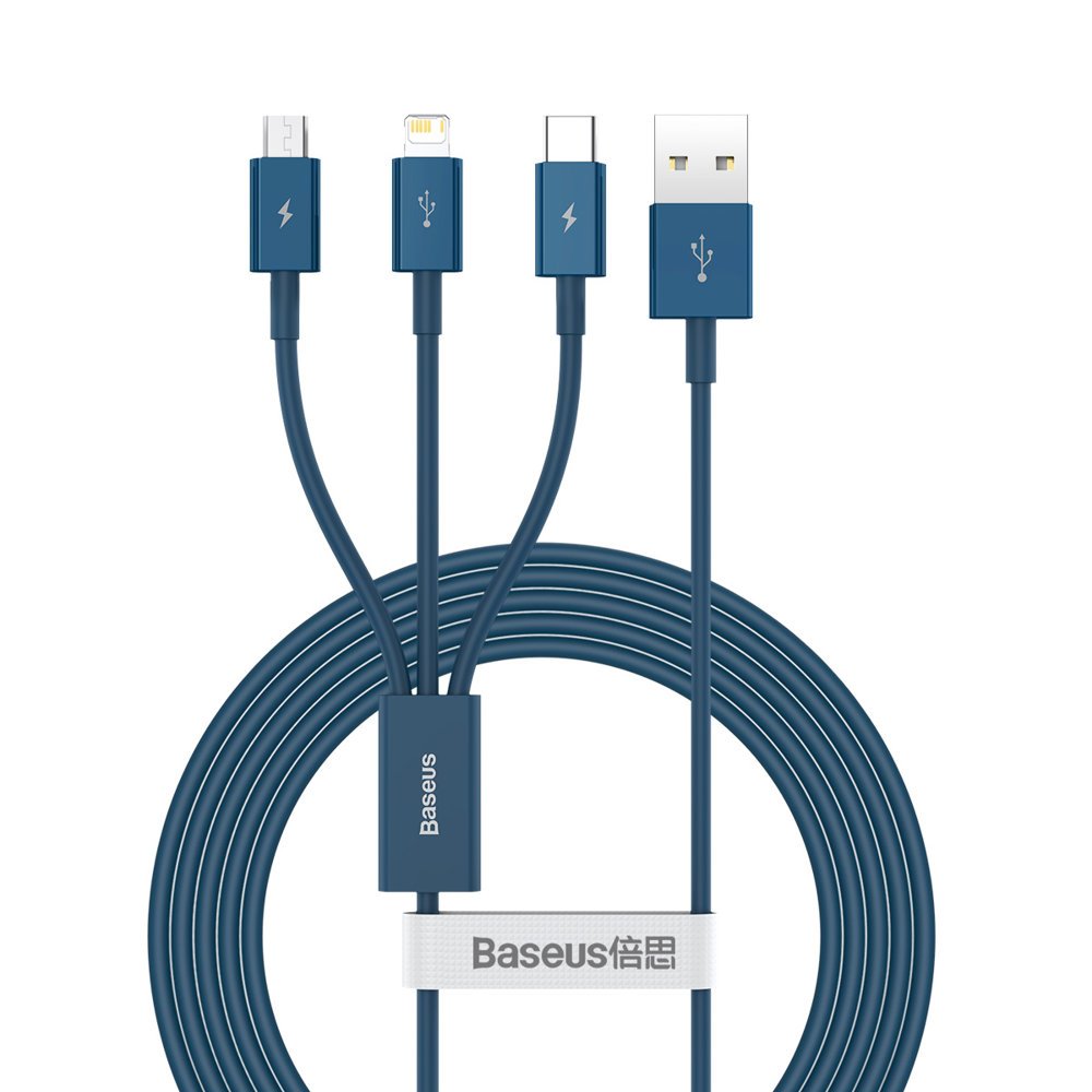 Cablu Baseus Superior Series (CAMLTYS-03), USB to Type-C, Micro-USB, Lightning, Fast Charging 3.5A, 1.5m, Albastru