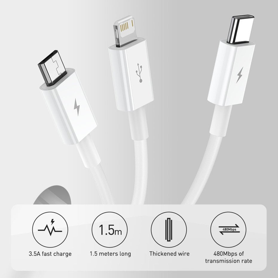 Cablu Baseus Superior Series (CAMLTYS-03), USB to Type-C, Micro-USB, Lightning, Fast Charging 3.5A, 1.5m, Albastru