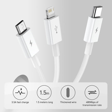 Cablu Baseus Superior Series (CAMLTYS-03), USB to Type-C, Micro-USB, Lightning, Fast Charging 3.5A, 1.5m, Albastru