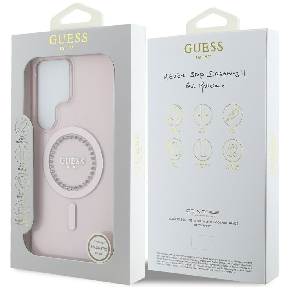 Husa de protectie Guess IML Rhinestones MagSafe (GUHMS25LPFTDTEP) compatibil cu Samsung Galaxy S25 Ultra, Roz