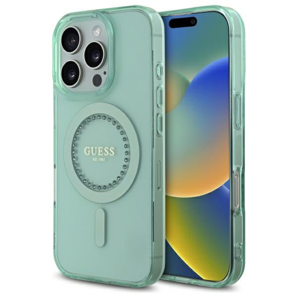 Guess Husa de protectie Guess IML Rhinestones MagSafe (GUHMP16XPFTDTEN) compatibil cu iPhone 16 Pro Max, Verde