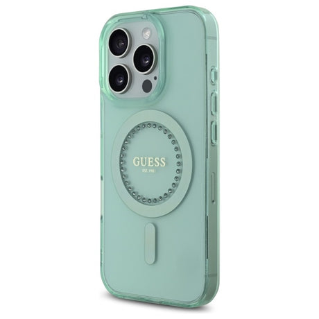 Husa de protectie Guess IML Rhinestones MagSafe (GUHMP16XPFTDTEN) compatibil cu iPhone 16 Pro Max, Verde