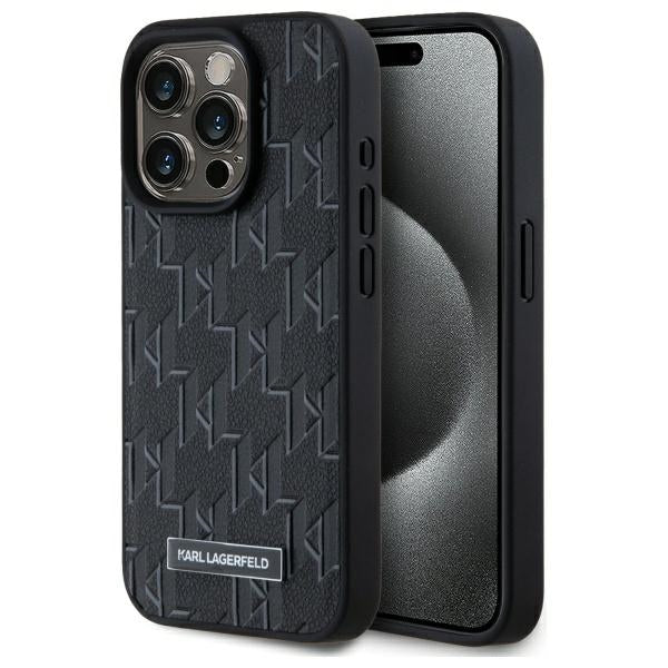 Husa de protectie Karl Lagerfeld Leather MagSafe (KLHMP15LPKHPORPK) compatibil cu iPhone 15 Pro, Monogram Metal Logo