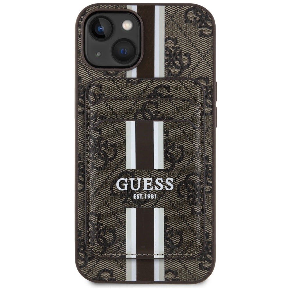 Husa de protectie Guess Cardslot 4G Stripes MagSafe (GUBPHCP15SP4RPSW) compatibil cu iPhone 15, Maro