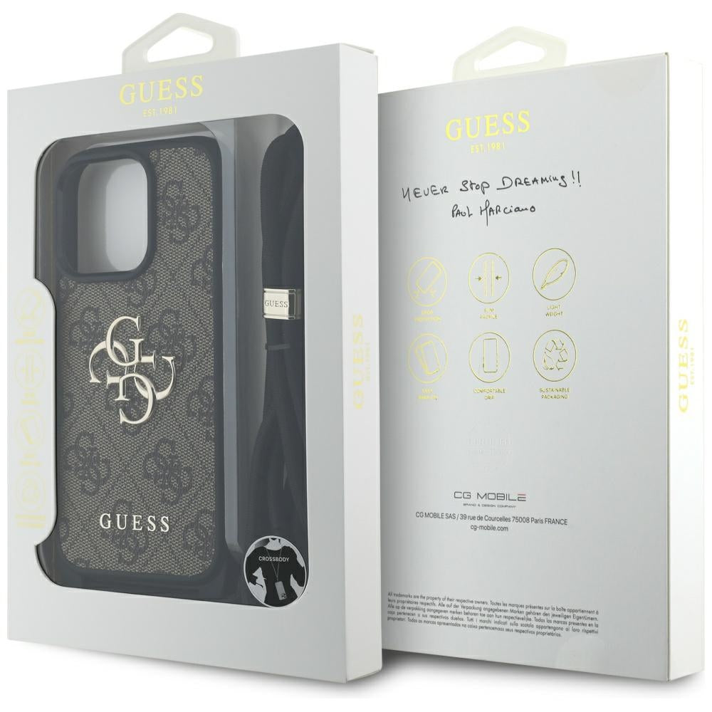 Husa de protectie Guess Hardcase 4G Big Logo with Cord Strap (GUHCP16LP4GMGCRW) compatibil cu iPhone 16 Pro, Maro