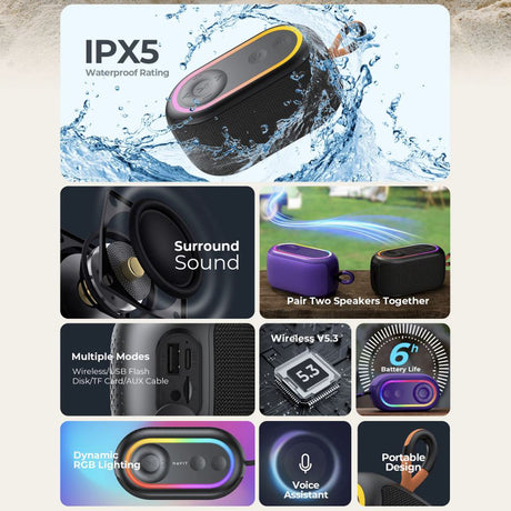 Casti Havit Wireless Speaker (SK809BT), USB-C, Bluetooth 5.3, TWS, TF, USB, FM, AUX, Hands-Free Call, RGB, IPX5, 1200mAh, Violet