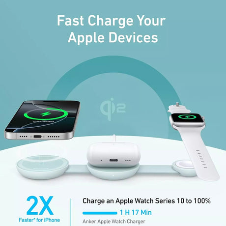 Incarcator Anker Wireless MagGo 3-in-1 (B25M8H61), for iPhone 15/16, AirPods, Apple Watch, MagSafe Qi2, Foldable, 15W, Verde