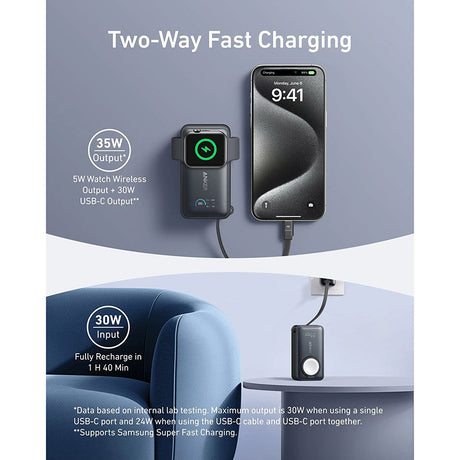 Baterie externa Anker MagGo (A1657H11), for Apple Watch, Fast Charging, Ultra-Slim, 10000mAh, Qi2 35W with Type-C Cable, Negru