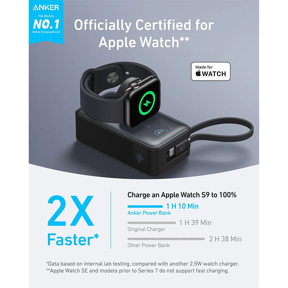 Baterie externa Anker MagGo (A1657H11), for Apple Watch, Fast Charging, Ultra-Slim, 10000mAh, Qi2 35W with Type-C Cable, Negru