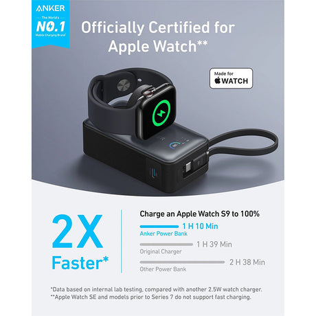 Baterie externa Anker MagGo (A1657H11), for Apple Watch, Fast Charging, Ultra-Slim, 10000mAh, Qi2 35W with Type-C Cable, Negru