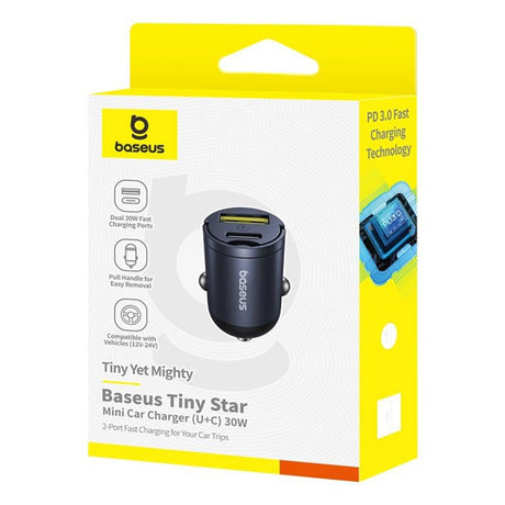 Incarcator Baseus Car Tiny Star Mini (C00035001121-02), USB, Type-C, 30W, with Built-in Pull Handle, 12V to 24V, Negru