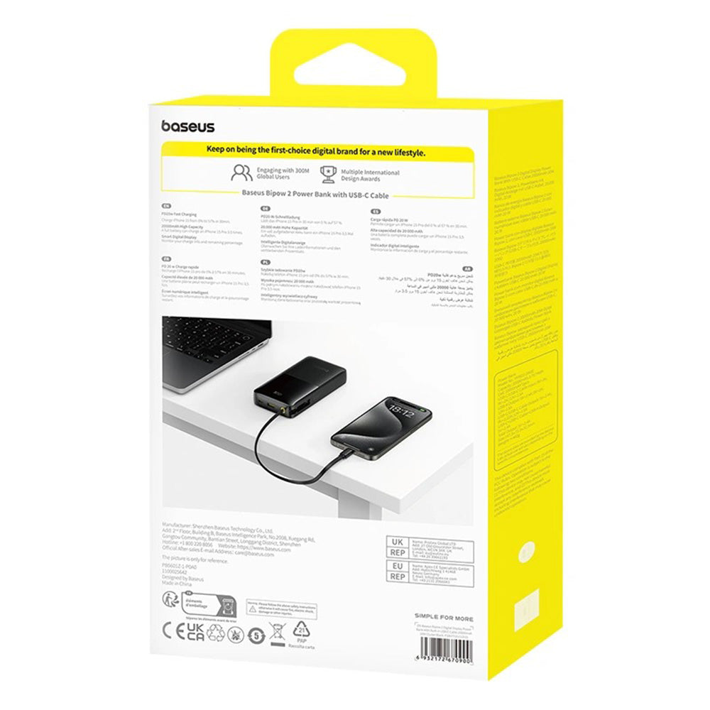 Baterie externa Baseus Bipow 2 (P10077101113-01), with Built-in USB-C Cable, Type-C, USB, Smart Display, 20000mAh, 20W, Negru