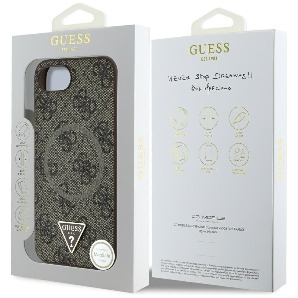 Husa de protectie Guess 4G Ring Triangle Logo MagSafe (GUHMPSE4P4TDPW) compatibil cu iPhone 16e / iPhone 17e, Maro