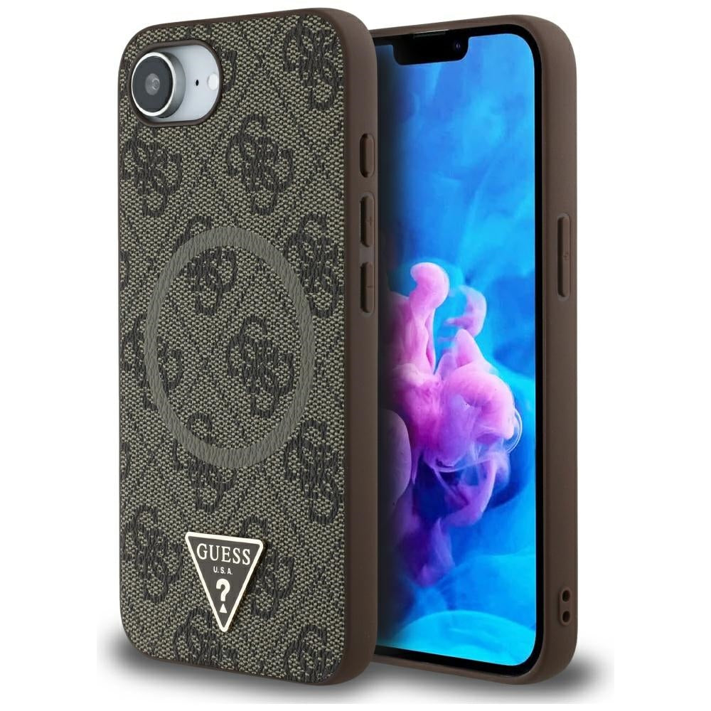 Husa de protectie Guess 4G Ring Triangle Logo MagSafe (GUHMPSE4P4TDPW) compatibil cu iPhone 16e / iPhone 17e, Maro
