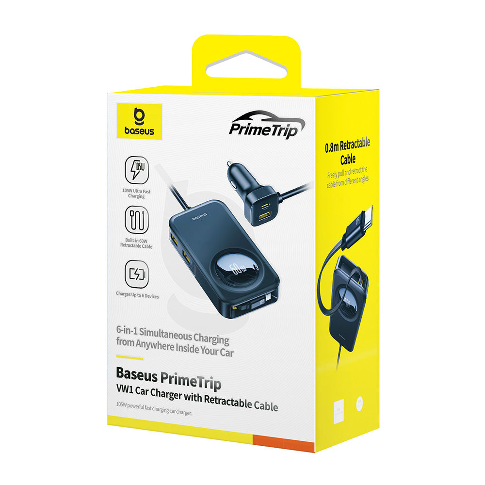 Incarcator Baseus Car PrimeTrip VW1 (C00069000121-00), 3x USB, 3x Type-C, 105W, Fast Charge, 60W Retractable Cable, Negru
