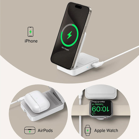 Incarcator Anker Charging Station MagGo 3in1 (B2557321), Qi2, for Apple, 15W, with USB-C Charger and Cable Type-C, Alb