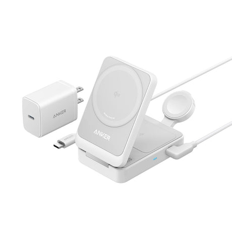 Incarcator Anker Charging Station MagGo 3in1 (B2557321), Qi2, for Apple, 15W, with USB-C Charger and Cable Type-C, Alb