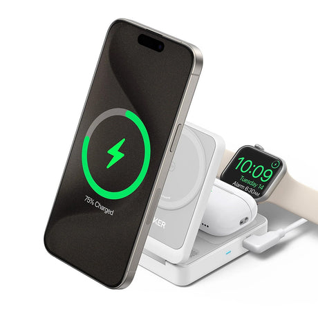 Incarcator Anker Charging Station MagGo 3in1 (B2557321), Qi2, for Apple, 15W, with USB-C Charger and Cable Type-C, Alb