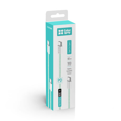 Cablu ColorWay (CW-CBPDCC061-G), for MacBook Pro, Type-C to Type-C, PD Fast Charging 60W, 3A, Nylon, 1m, Verde